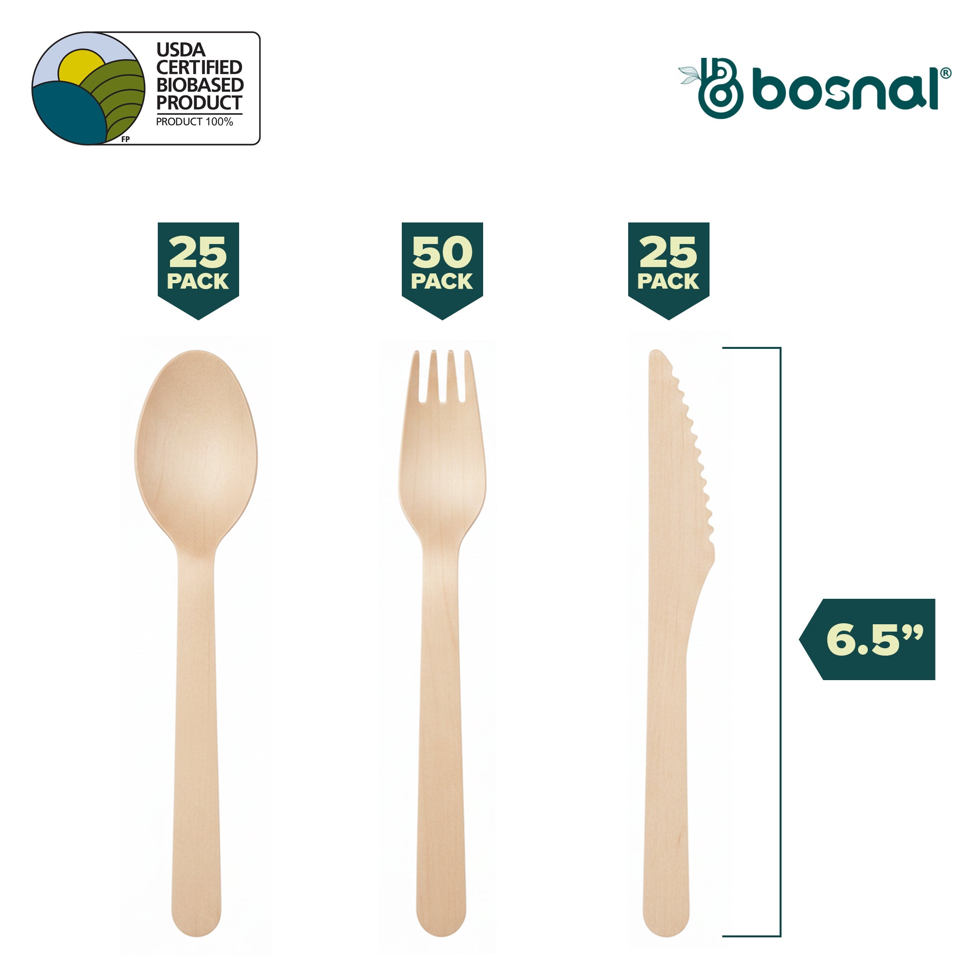 Wooden Disposable Cutlery Set, 6.5 inch, 100 Pcs, Birch Wood Spoons, Forks & Knives