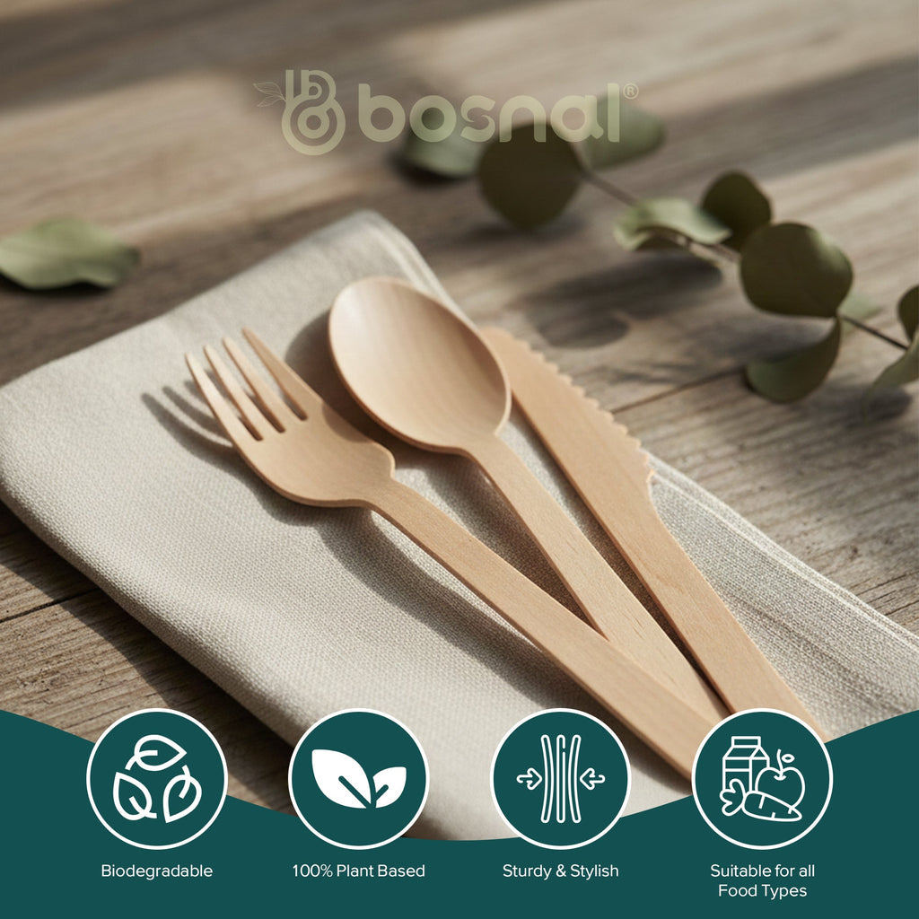 Wooden Disposable Cutlery Set, 6.5 inch, 100 Pcs, Birch Wood Spoons, Forks & Knives